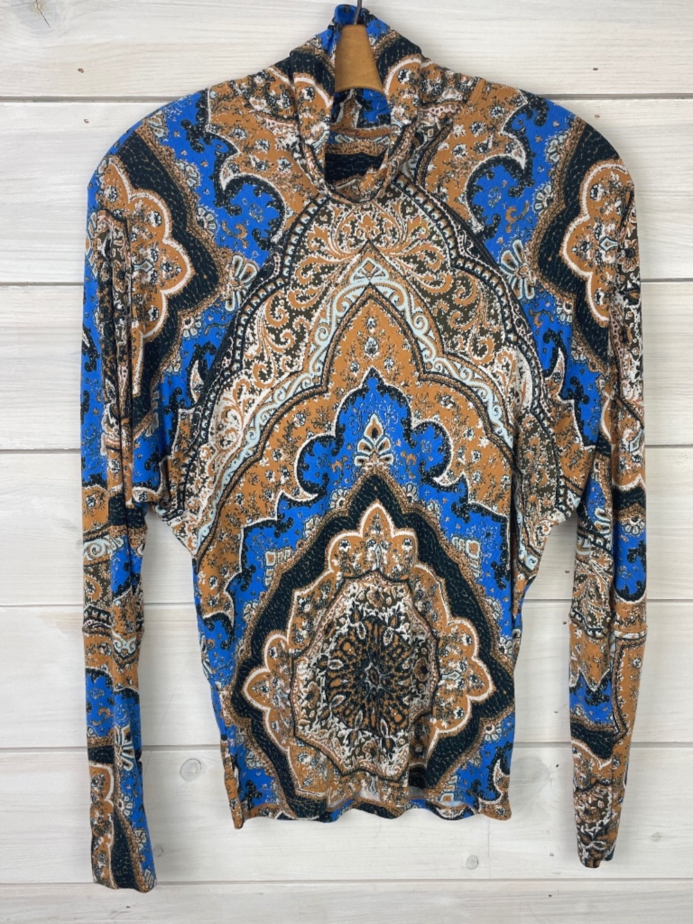 Free People Blue Black Floral Long Sleeve Mock Neck Shirt
